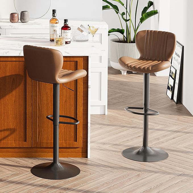SUNLEI Swivel Swivel Bar Stools Set, Barstools Counter Height with Shell Shaped Backrest, Adjustable Moder Stools Pu Leather Bar Stool for Kitchen Counter, Island, Bars, Dining Room(Brown, Set of 2)