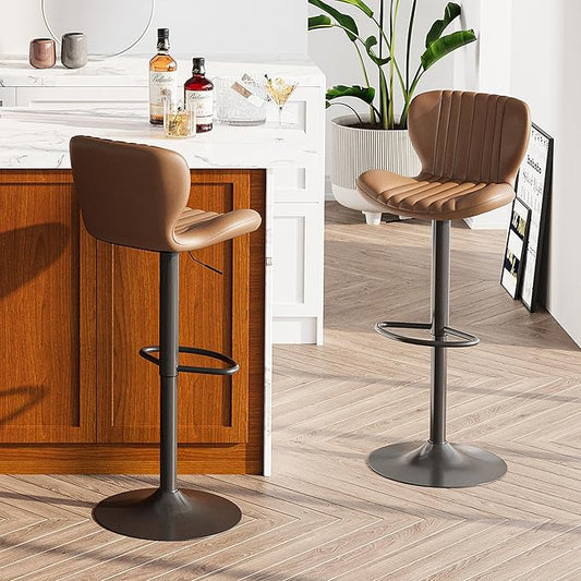 SUNLEI Swivel Swivel Bar Stools Set, Barstools Counter Height with Shell Shaped Backrest, Adjustable Moder Stools Pu Leather Bar Stool for Kitchen Counter, Island, Bars, Dining Room(Brown, Set of 2)