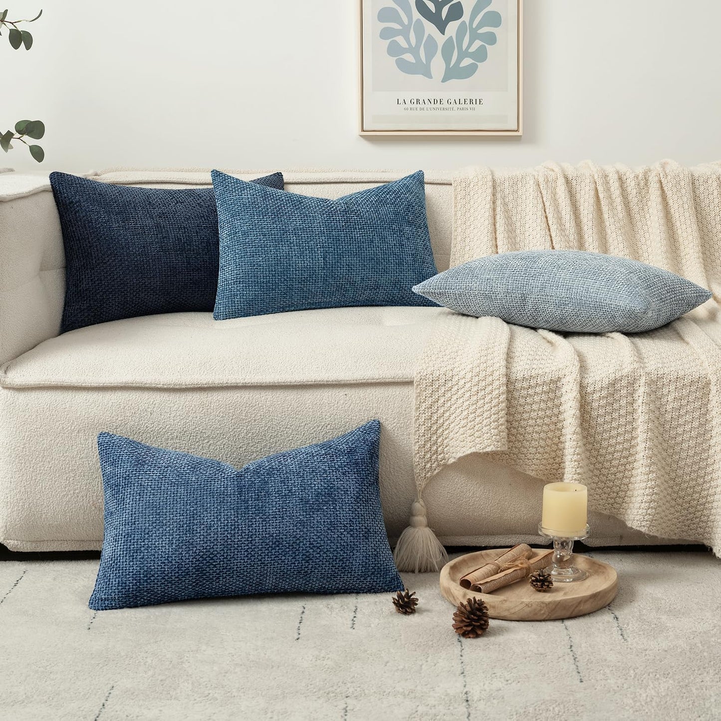 MIULEE Pack of 4 Couch Throw Pillow Covers 12x20 Inch Neutral Blue Soft Decorative Chenille Pillow Covers Farmhouse Accent Cushion Covers for Boho Western Home Coastal Decor Sofa Bedroom Living Room