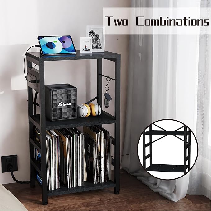 End Table with LED Light,Record Player Stand with Charging Station,Vinyl Records Storage,Turntable Stand Albums Storage for Music Room Studio-Industry Black