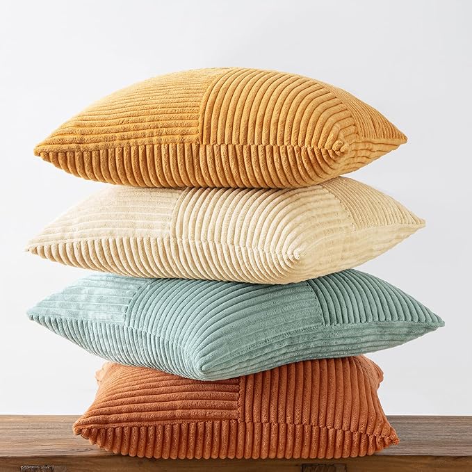 MIULEE Boho Farmhouse Fall Decorative Throw Pillow Covers 18x18 Inch 4 Packs Soft Vintage Pillow Cases Modern Corduroy Patchwork Cushion Covers for Couch Sofa Bed Home Decor, Teal-Rust