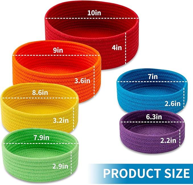Small Shelf Storage Baskets for Organizing, 6 Pack Round Cotton Rope Bins, Decorative and Cute Woven Baskets for Bedroom and Closet, Key Tray Bowl, Home Decor Countertop Organizer (Rainbow)