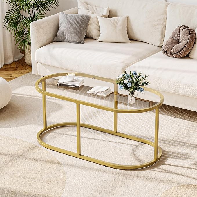 Coffee Table Gold Glass Coffee Tables for Living Room, Oval Table Center Table with Sturdy Metal Frame,Modern Tempered Glass Accent Tables for Bedroom Home Office