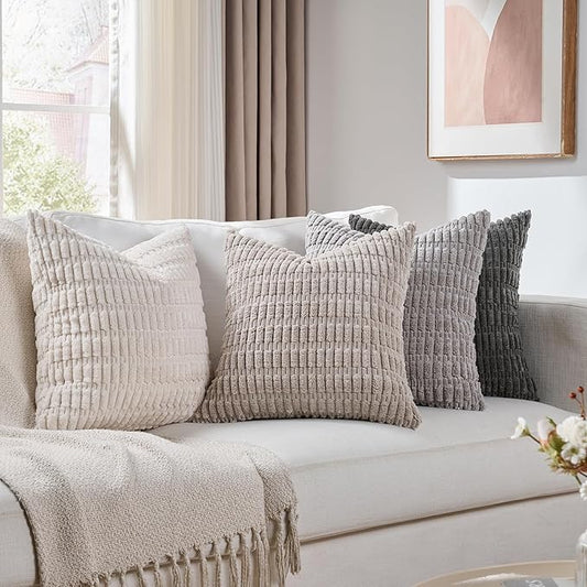 Fancy Homi Set of 4 Grey and White Decorative Throw Pillow Covers 12x12 Inch for Couch Bed Chair, Modern Farmhouse Boho Room Decor, Soft Fuzzy Double Sided Corduroy Textured Striped Cushion Case 30cm