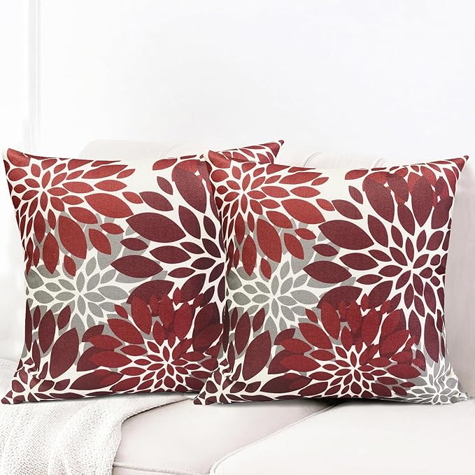Decorative Throw Pillow Covers Set of 2 Wine Red Pillow Covers 20x20 Inch Couch Pillow Covers for Sofa Living Room Outdoor Throw Pillow Cover Linen Floral Flower Farmhouse Pillowcase