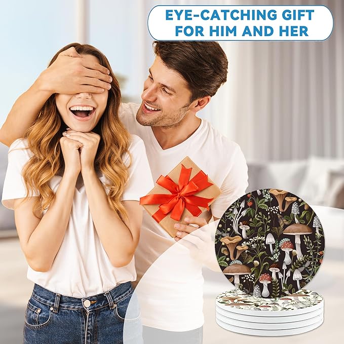 Coasters Set of 4, Mushroom Weeds Round 4" Ceramic & Cork Coasters, Absorbent, Ideal for Table Home Decor, Gifts for Women Men