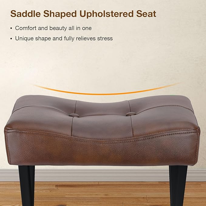 18-Inch Leather Vanity Stool Chair, Vanity Bench with Metal X-Leg, Ottoman Accent Stool with Thick Padded Saddle Seat, Dark Brown