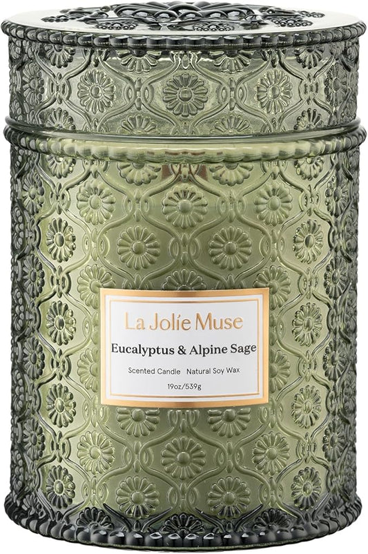 LA JOLIE MUSE Scented Candles Eucalyptus & Alpine Sage, 19 oz Large Wood Wicked Candle, Decorative Candles in Glass, Natural Soy Wax, 90 Hours Long Burning