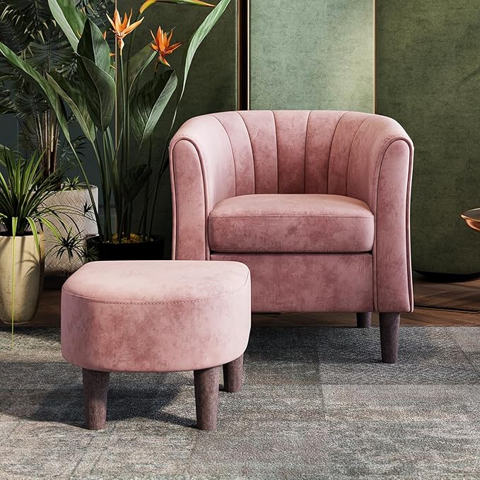 LINSY Accent Chair with Ottoman, Modern Barrel Chair Small Armchair Reading Chair with Footrest, Comfy Round Arms Chair for Living Room Bedroom Reading Room, Velvet, Pink