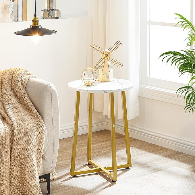 HOOBRO Side Table, Round Accent End Table with Sturdy Metal Pedestal, 15.7" Round Nightstand, for Living Room, Bedroom, Balcony, Office, Marble and Gold DM95BZ01