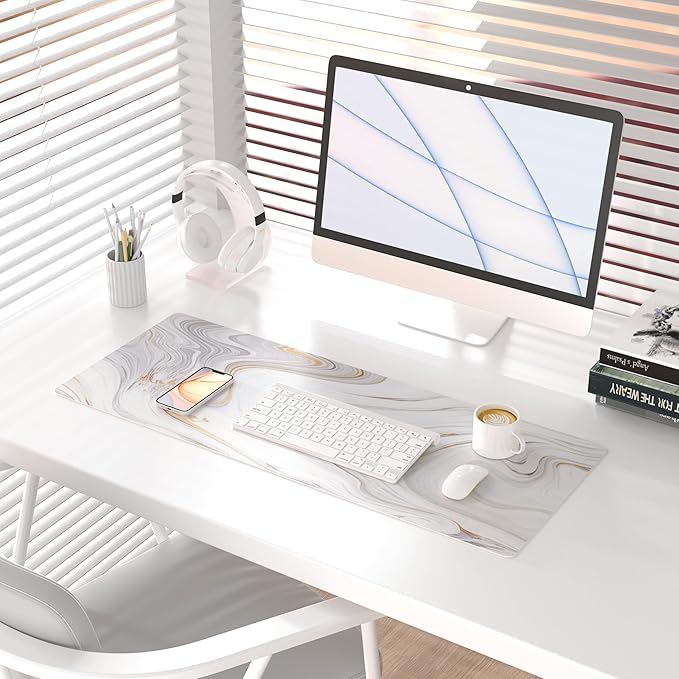 QIYI White Mouse Pad, Cute Marble Large Desk Mat, PU Leather Desk Protector Mousepad, Gold Grey Striped Waterproof Computer Keyboard Gaming Mouse Pads, Non Slip Extended Writing Pad 31.5" x 11.8"