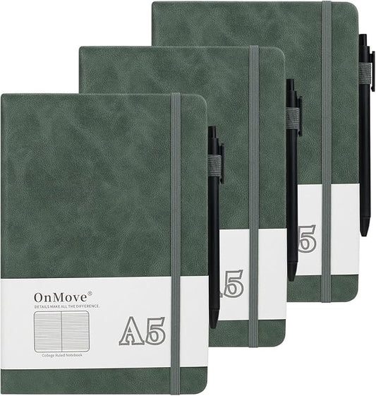 Notebooks Journal for Women Men 3 Pack Bulk Leather Hardcover with Pen Holder A5 160 Pages 100 GSM Thick Paper for Work School Lined Green