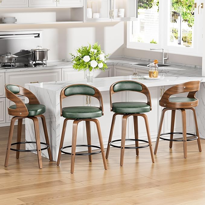Swivel Bar Stools Set of 6, 26" Upholstered Faux Leather Barstools with Bentwood Legs, Mid Century Modern Counter Height Bar Stools with Back for Kitchen Island, Dining Room, Green