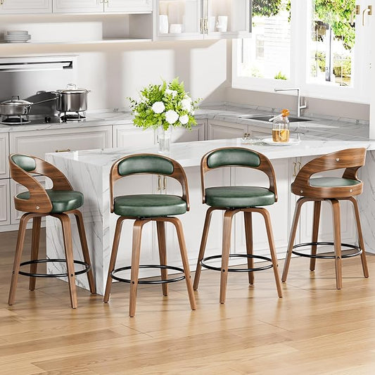 Swivel Bar Stools Set of 4, 26" Upholstered Faux Leather Barstools with Bentwood Legs, Mid Century Modern Counter Height Bar Stools with Back for Kitchen Island, Dining Room, Green