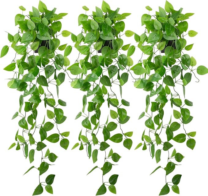 LOYWREE 3 Pack Small Artificial Hanging Plants with Faux Ivy Vine and Hanging Pothos 39Inch Fake Plant Realistic Greenery for Shelf Decor in Home, Office, Indoor & Outdoor Gardens
