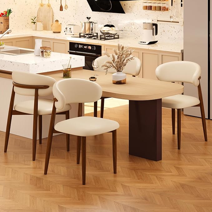 Kitchen Dining Chairs Set of 6 Modern Upholstered Leather Farmhouse Dining Room Chair with Metal Legs, Walnut/Khaki