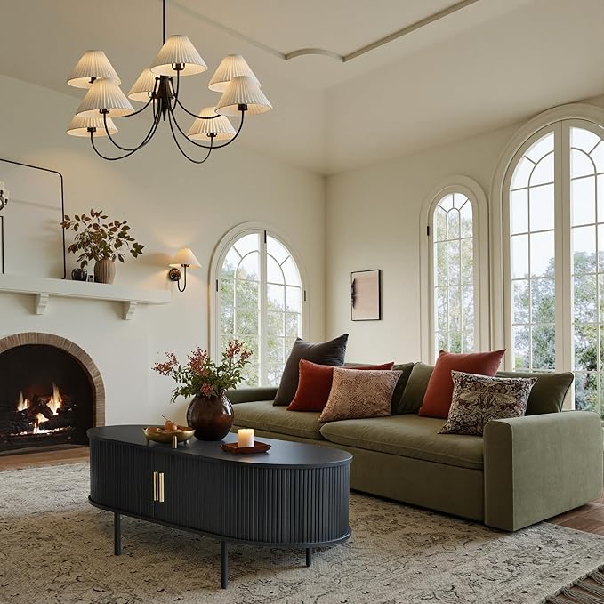 Modern Coffee Table with Storage, 47.2" Oval Fluted Coffee Table with Sliding Doors, Minimalist Tea Table with Wood Grain Veneer, Mid Century Center Tables for Living Room, Apartment, Black