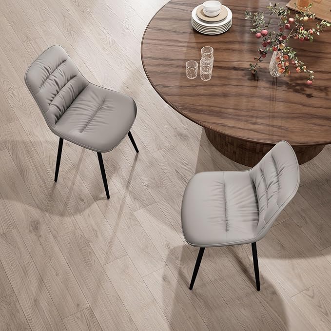 Kidol & Shellder Dining Chairs Set of 2, Modern Upholstered Faux Leather Kitchen Side Chairs with Comfortable Back - Mid-Century Armless Chair for Dining Living Room Bedrooms, with Metal Legs (Gray)