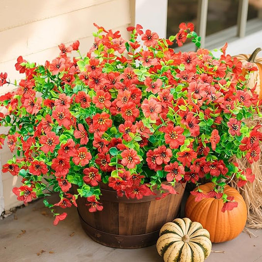 Artificial Fake Mums Plants Flowers for Outdoor Outside Fall Autumn, 12 Bundles Faux Silk Red Daisy UV Sun Resistant Look Real for Porch Patio Home Window Box Yard Planter
