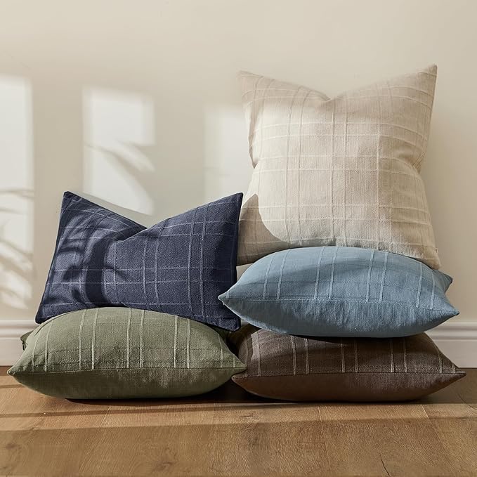 MIULEE Decorative Linen Check Lumar Throw Pillow Covers Neutral Farmhouse Vintage Pillow Covers 12x20 Set of 2 Boho Modern Home Decor for Sofa Couch Bedroom Cushion Navy Blue
