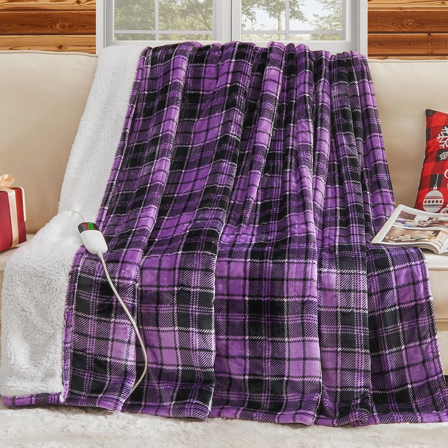 Heated Blanket Electric, Twin Size 62X84, Heating Blanket with 10 Heating Levels & 8 Hours Auto Off, Purple Checkered Plaid Sherpa Blankets Warmer for Adults, Fast Heating and Washable, ETL & FCC