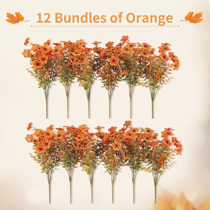 Artificial Mums Fall Fake Flowers for Outdoors, 12 Bundles Faux Mums for Outdoor Planters Autumn Decorations,UV Resistant Silk Flowers Plastic Plants for Front Porch Garden Patio Home Decor (F-Orange)