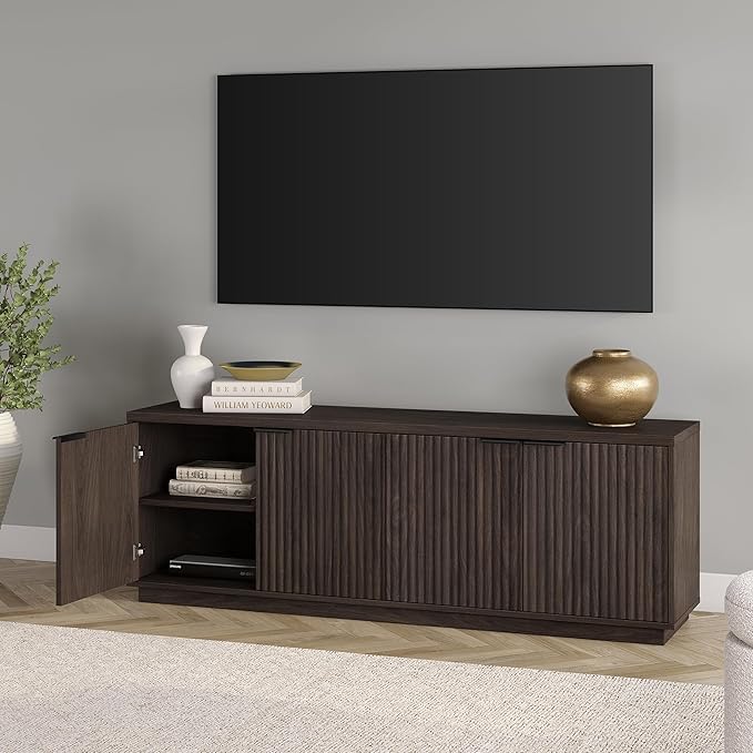 Henn&Hart TV Stand for TVs up to 78'' with 2 Storage Cabinets and Adjustable Shelves for Living Room, Family Room, or Office, Alder Brown