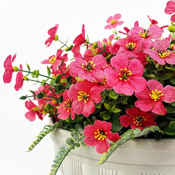 Artificial Faux Plants Flowers Outdoor Decoration,16 Bundles Fake Silk Colorful Daisy Eucalyptus Realistic UV Resistant for Outside Home Planter Porch Patio Yard Decor (Red)