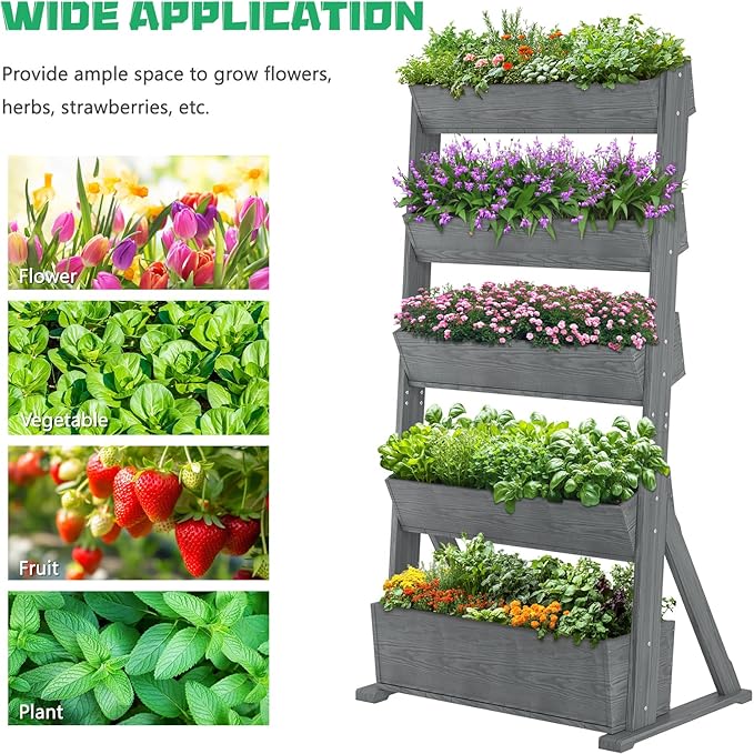 DoCred Vertical Wooden Raised Garden Bed, 5 Tier Garden Planters Freestanding Wood Plant Stand Flower Rack Wooden Planter Box for Plants Herbs Flowers Vegetables Outdoor Indoor Gardening