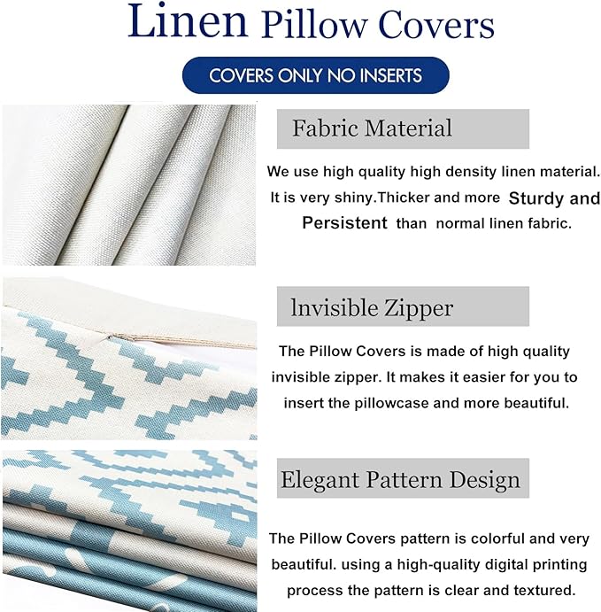Decorative Throw Pillow Covers Set of 4 Sky Blue Pillow Covers 22x22 inch Throw Pillows Linen Square Pillow Case,Farmhouse Outdoor Modern Geometric Pillow Covers for Couch Sofa Living Room