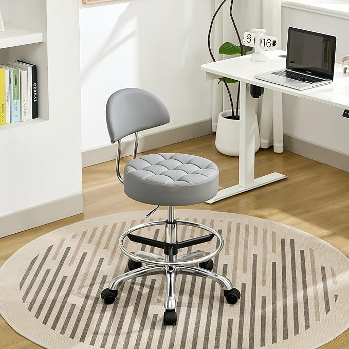 Tattoo Chair for Artist (Ergonomic Backrest and Footrest) (Quiet Wheels and Aluminum Base) Swivel Shop Stool (Gray)