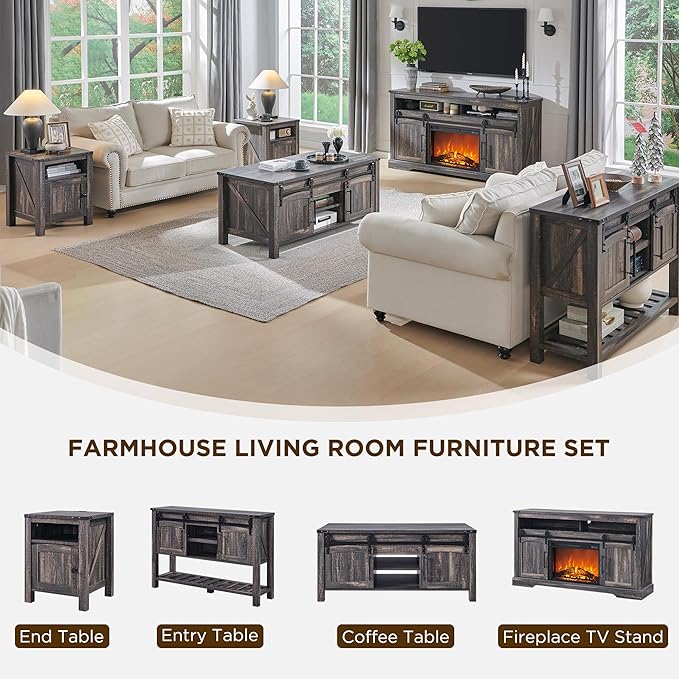 OKD Farmhouse Fireplace TV Stand for 70 Inch TV, 33" Tall Highboy Entertainment Center w/Electric Fireplace, Rustic Media Console w/Sliding Arched Door for Living Room,Dark Rustic Oak