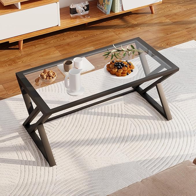 Coffee Table Black Glass Coffee Table for Living Room,Modern Rectangular Center Table with Sturdy Metal Frame,Tempered Glass Table Tea Tables for Bedroom Home Office