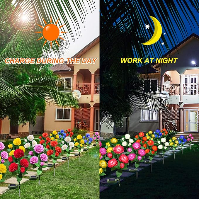 Solar Flower Lights Outdoor - Upgraded New Material Two Modes Realistic LED Solar Powered Waterproof Lights with 5 Roses, Solar Decorative Stake Lights for Garden (Pink, 2 Pack)