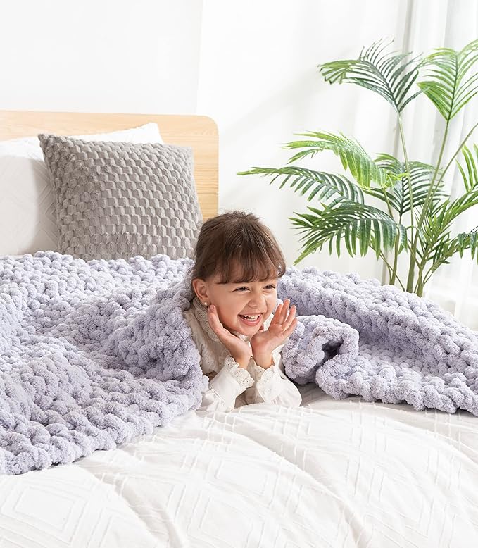 clootess Chunky Knit Blanket Knitted Throw Crochet Chenille Yarn Woven for Bed Sofa Textured Thick Cable Decor (Grey 40x60 in)