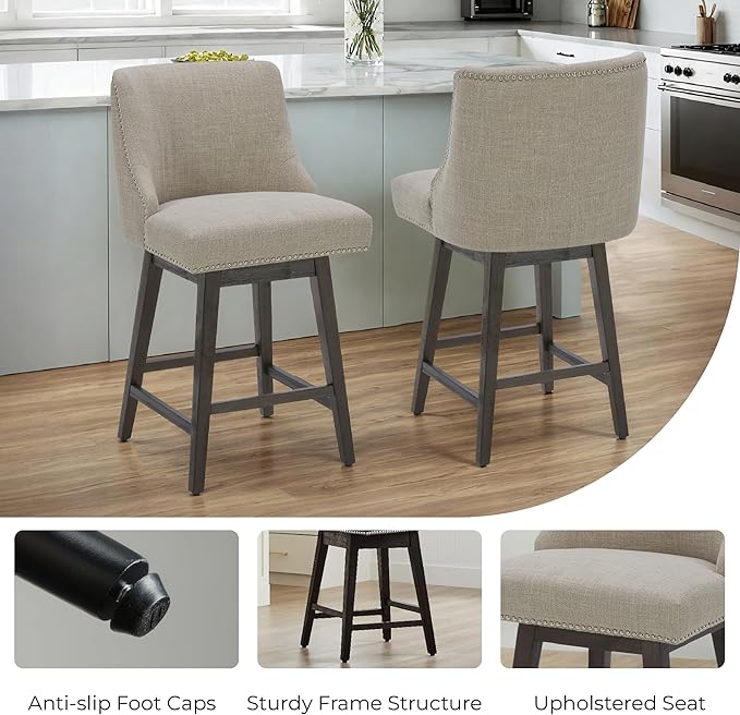 CHITA Counter Height Swivel Bar Stools Set of 2, FSC Certified Upholstered Counter Stools, Modern Swivel Barstools with Wood Legs for Kitchen Island, 26" Seat Height, Fabric in Tan