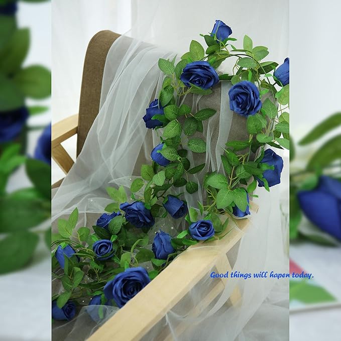 Felice Arts 2 Pack Royal Blue Artificial Floral Garland Each 6.5FT Fake Rose Vine Hanging Rose Garland for Wedding Flowers Table Centerpiece Arrangement Room Baby Shower Teepee Mirror Decor