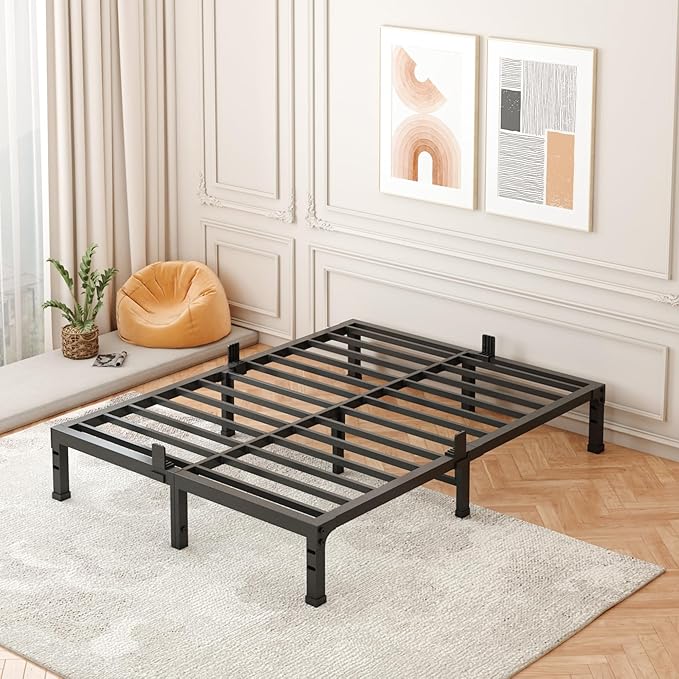 FUIOBYVV Full Size Bed Frame,10 Inch Low-Profile Metal Platform with Steel Slats 3500lbs Support,No Box Spring Needed,Non-Slip Mattress Stopper,Underbed Space,Quiet and Sturdy,Easy Assembly