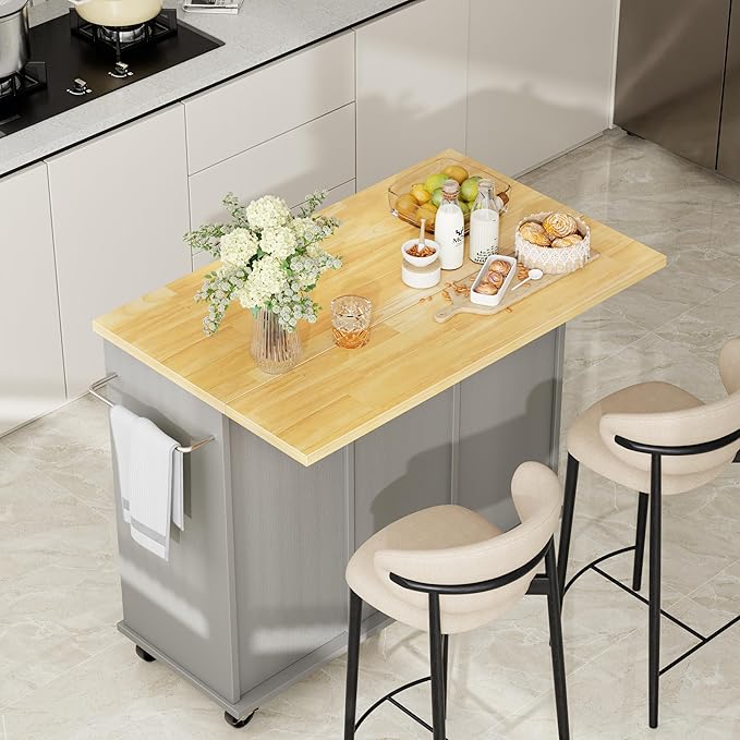 Shintenchi Kitchen Island with Storage, Bar Cart Cabinet Island Table on Wheels, Rolling Microwave Cart for Kitchen with Drop Leaf, Drawers, Towel Rack, Seating Area for Dining Room, Gray