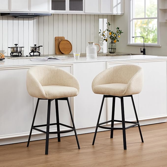 Zesthouse Swivel Counter Height Stools Set of 4, Modern Barrel Bar Stools for Kitchen Island, 26" Upholstered Kitchen Counter Height Barstools with Barrel Arms & Back, Beige Linen Fabric Bar Chairs