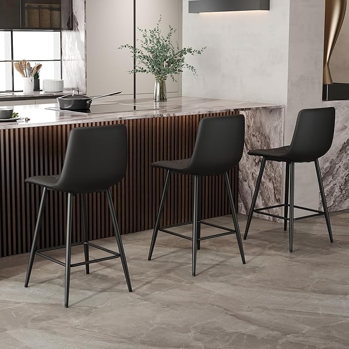 Black Bar Stools Set of 4,Faux Leather Counter Height Bar Stools,Modern 24.6" Bar Chairs with Back Metal Footrest,Counter Stool with Back and Footrest for Kitchen Island Restaurants Pubs