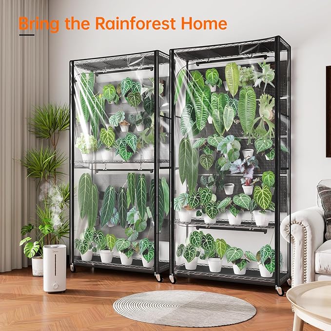 Bstrip Indoor Greenhouse with Grow Light & 4 Pegboard, Mini Green House with Adjustable Rack and Wheels, 4 x 24W Full Spectrum Grow Light Strip for Foliage Plants, Seedling, 35.4"x13.8"x71"