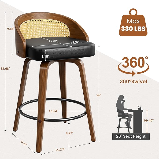 Swivel Bar Stools Set of 4, 26" Upholstered Faux Leather Barstools with Bentwood Legs, Mid Century Modern Counter Height Bar Stools with Rattan Back for Kitchen Island, Dining Room, Black