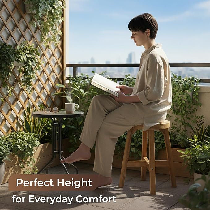 Round Stool Acacia Wood, 18" Height, 11'' Round Top, Backless, Easy Assembly, Natural Wax Finish, Wooden Stool for Plant, Dining Room, Kitchen Counter, Makeup