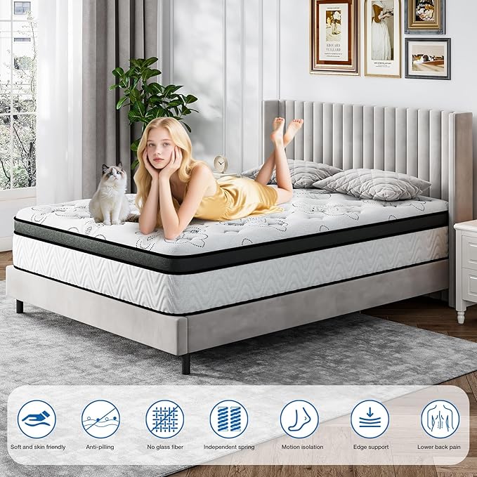 10Inch Twin Hybrid Mattress with Gel Memory Foam & Pocket Coils, CertiPUR-US Certified, Medium Firm Support for Pressure Relief & Cool Sleep, Delivered in a Box