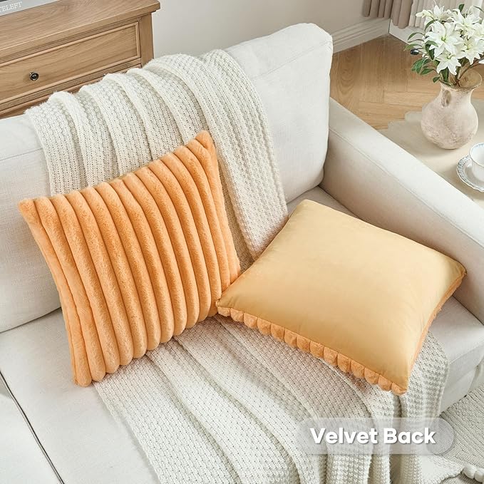 FUTEI Orange Striped Decorative Throw Pillow Covers 20x20 Inch Set of 2,Square Fall Decorations Couch Pillow Case,Soft Cozy Faux Rabbit Fur & Velvet Back,Modern Home Decor for Bed