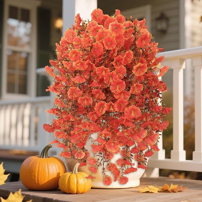 Fall Flowers Artificial for Decoration, 4Pcs Fake Hanging Flowers Morning Glory UV & Fading Resistant, Artificial Faux Plants Deocr for Home Patio Yard Garden Farmhouse Fall Decor Halloween