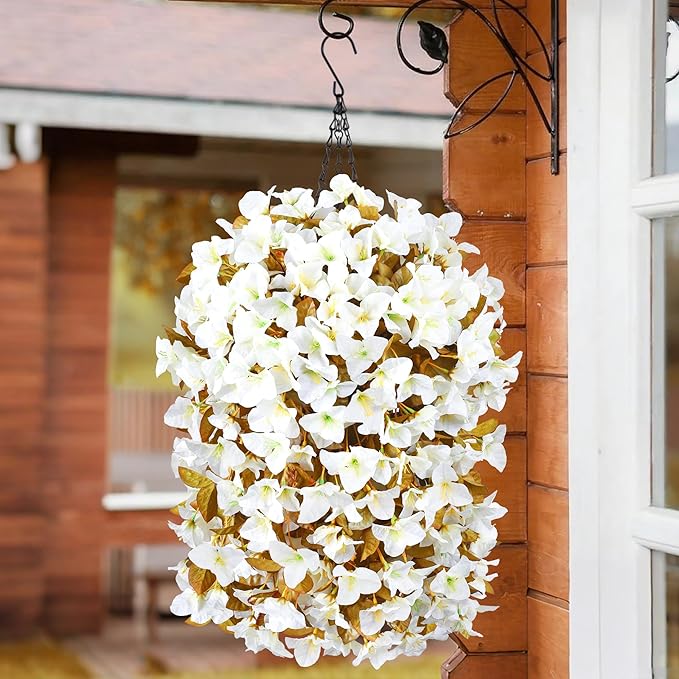 Bougainvillea Artificial Fall Flowers Fake Plants for Outdoors Autumn Decoration, 3PCS Faux Silk Hanging Trailing Vines with Baskets UV Resistant Realistic for Front Door Patio Balcony, Fall White