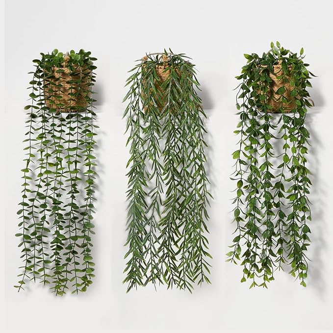 3 Pack Artificial Hanging Plants in Boho Handwoven Baskets for Living Room, Bedroom, Bathroom Wall Shelf Decor