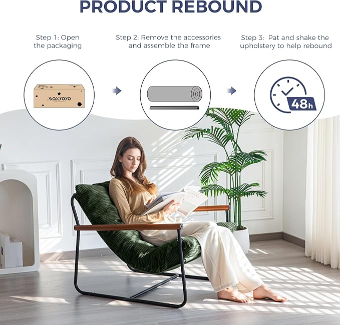 MAXYOYO Modern Accent Chair, Comfy Living Room Chair with Metal Frame Wooden Armrest, Upholstered Armchair with Soft Cushion for Bedroom Balcony Lounge Reading Room, Dark Green